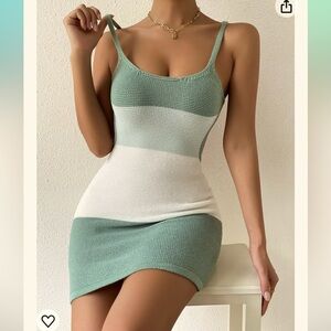 🧶Crochet Color Block, Backless Tie, Cut Out Dress🌿 Mint/White/Green -Small/Med